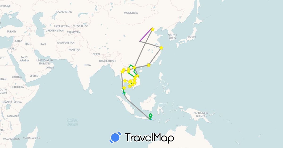 TravelMap itinerary: driving, bus, plane, cycling, train, hiking, boat in China, Hong Kong, Indonesia, Cambodia, Laos, Macau, Malaysia, Thailand, Vietnam (Asia)